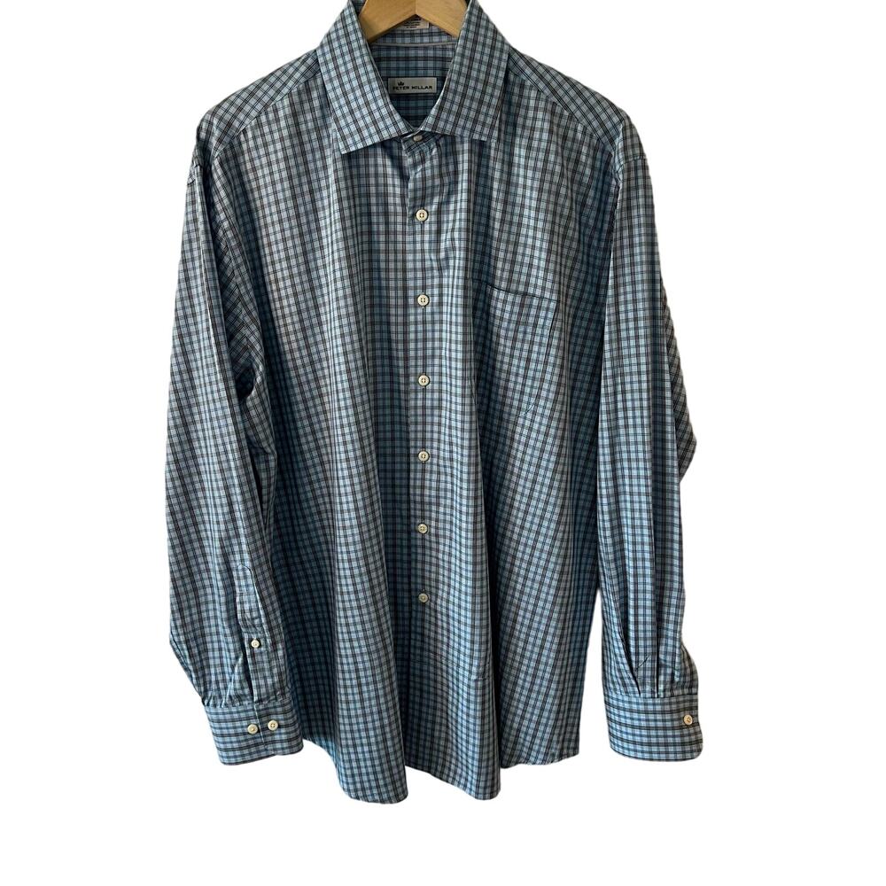 Peter Millar Button Up Plaid Shirt Men’s Size XL Blue 100% Cotton Preppy